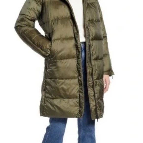 HALOGEN reversible long puffer jacket winter coat olive green